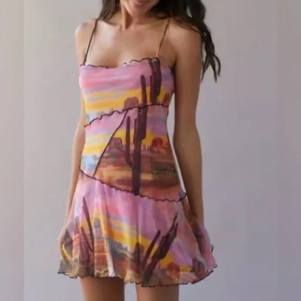 Urban Outfitters Moxie Mesh Mini Slip Dress Small Sunset Cactus Desert UO Pink